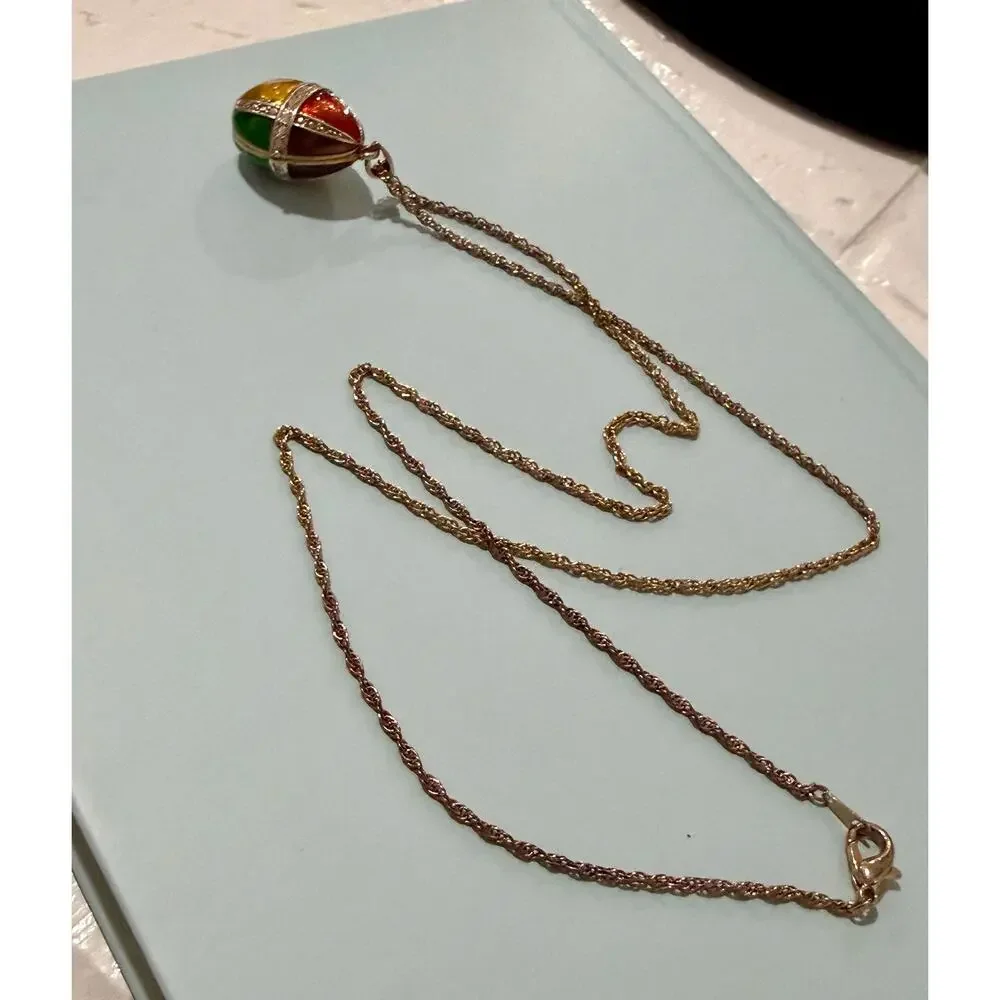 Vintage Joan Rivers Faberge Style Egg Locket Necklace • Gold Tone • Crystal Acc